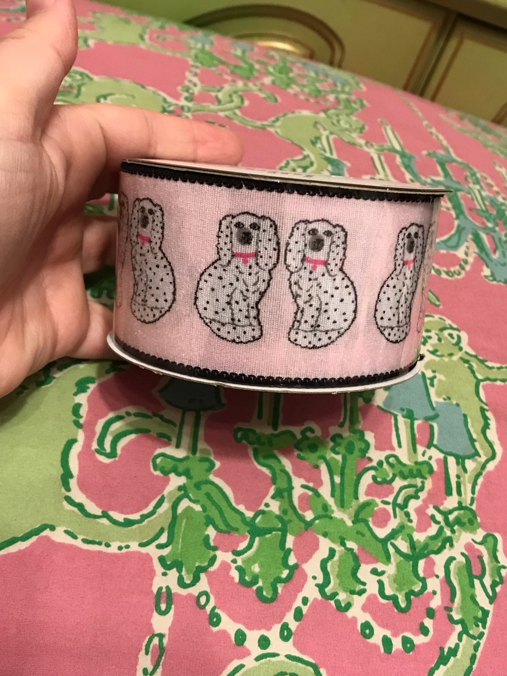 The Ribbon Boutique pink Chinoiserie Staffordshire dog ribbon 2” x 3